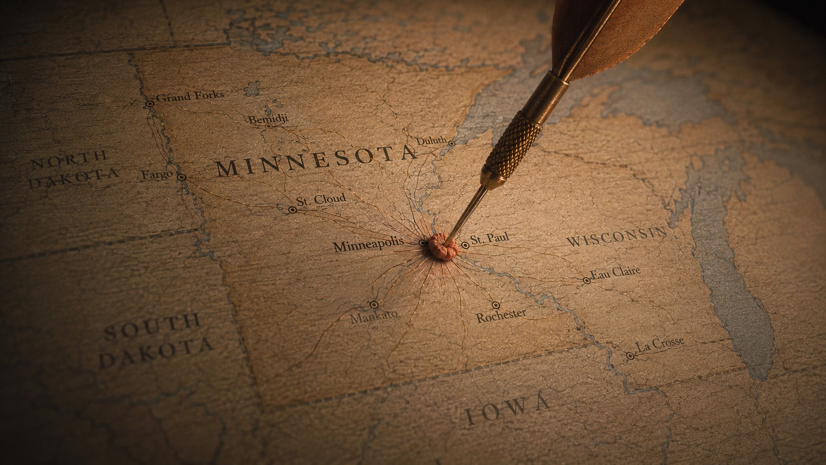 Vintage map of Minnesota with a dart landing on Minneapolis